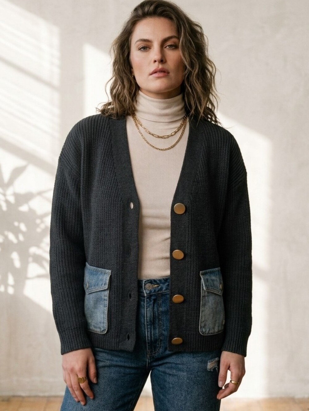 ADORA Knit Cardigan Sweater Denim Jean Pocket Oversized Button Charcoal S/M
